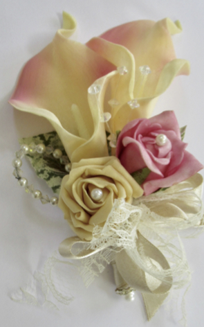 Cream, Champagne & Pink Calla Lily & Rose Corsage, mother of the bride corsage